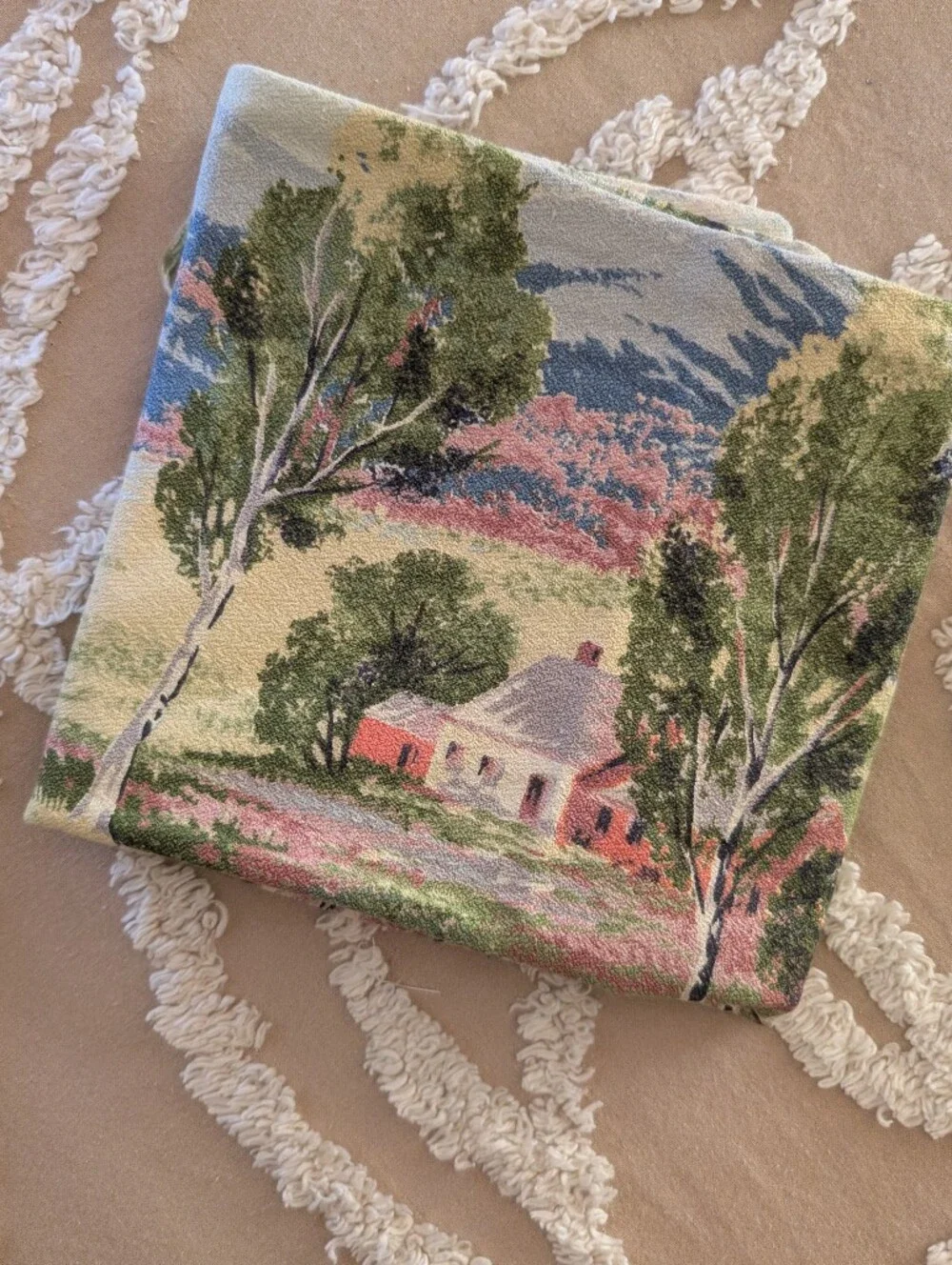 Beautiful Barkcloth pillow case, pastoral scene